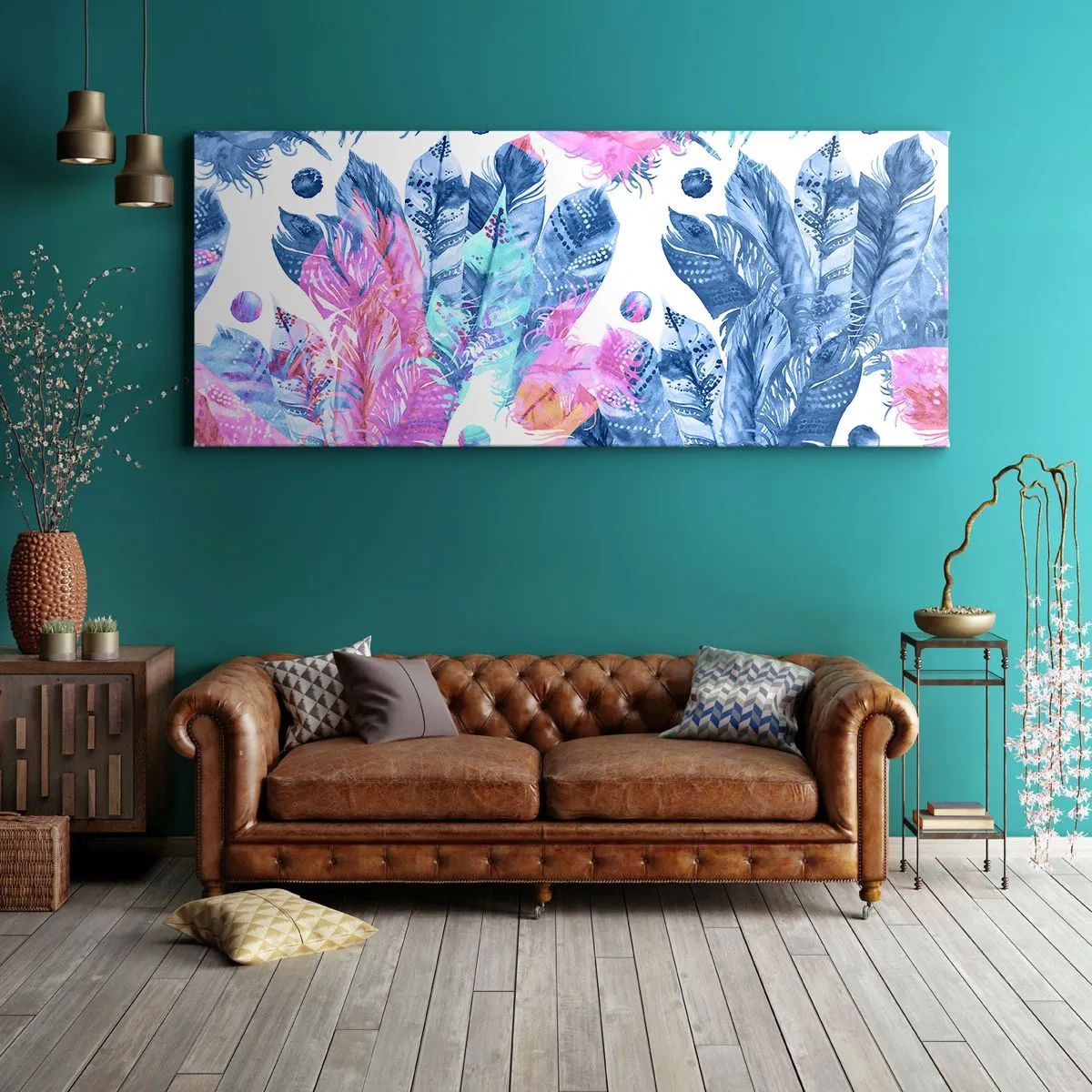 Cuadro sobre lienzo - Impresión de Imagen - Plumas de color rosa y azul - 100x40 cm