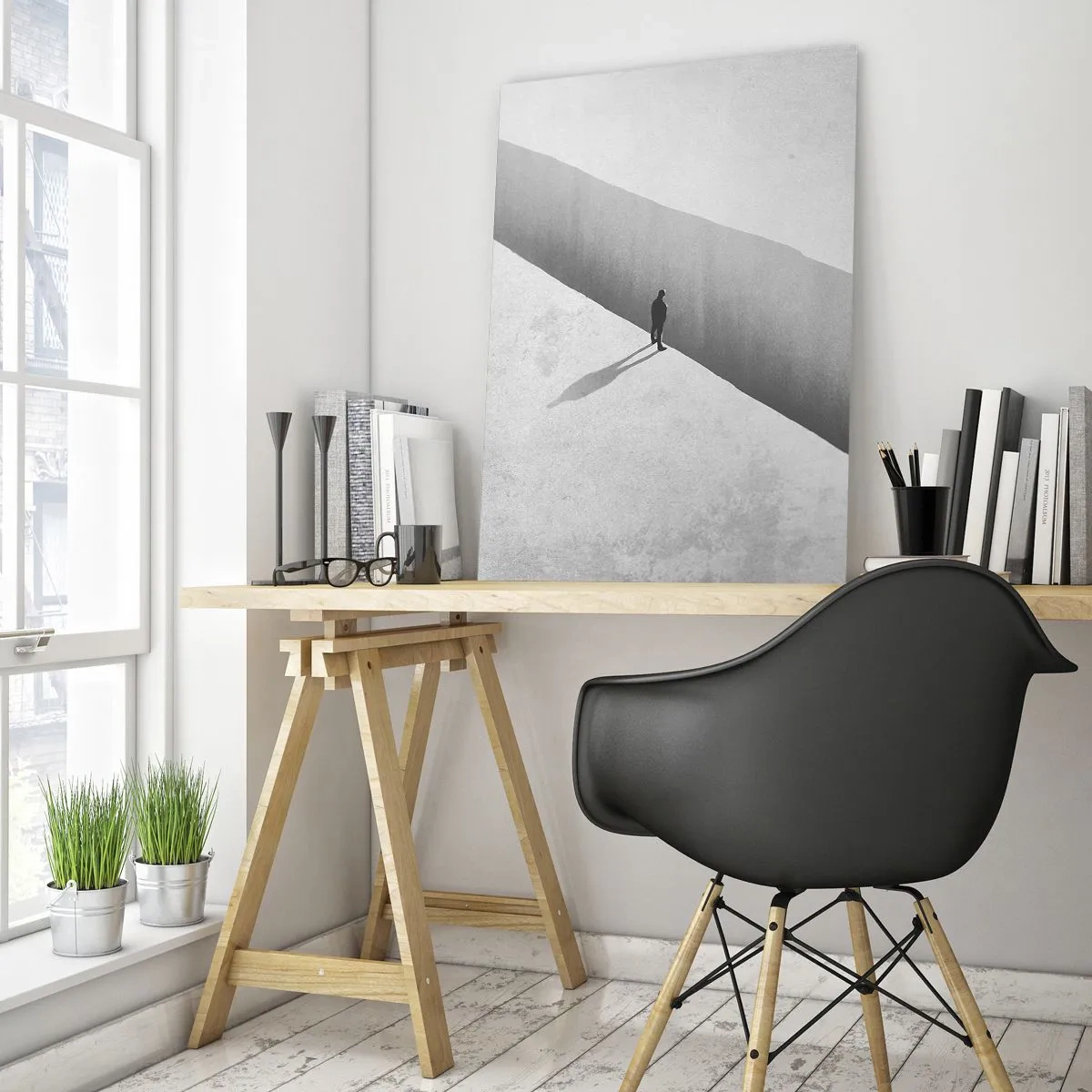 Cuadro sobre vidrio - Impresiones sobre Vidrio - Una figura solitaria se encuentra sobre un profundo abismo en un entorno monocromático. - 80x120cm - Sin un destino claro - Decoración de pared moderna para salón y dormitorio ARTTOR