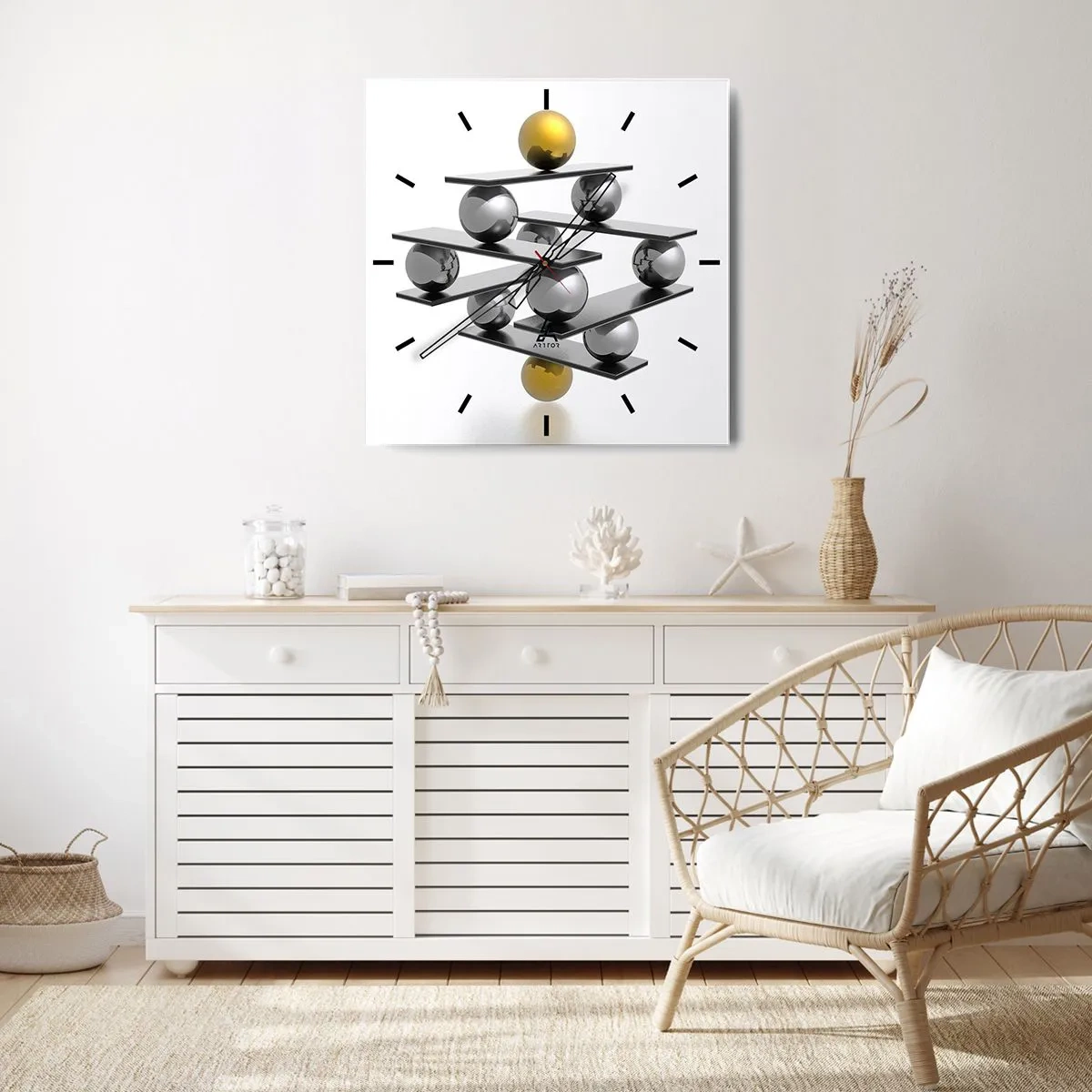 Reloj de pared - Reloj de vidrio - Composición geométrica con bolas de metal y acento dorado. - 30x30cm - Balance de oro y plata - Decoración de pared moderna para salón y dormitorio ARTTOR
