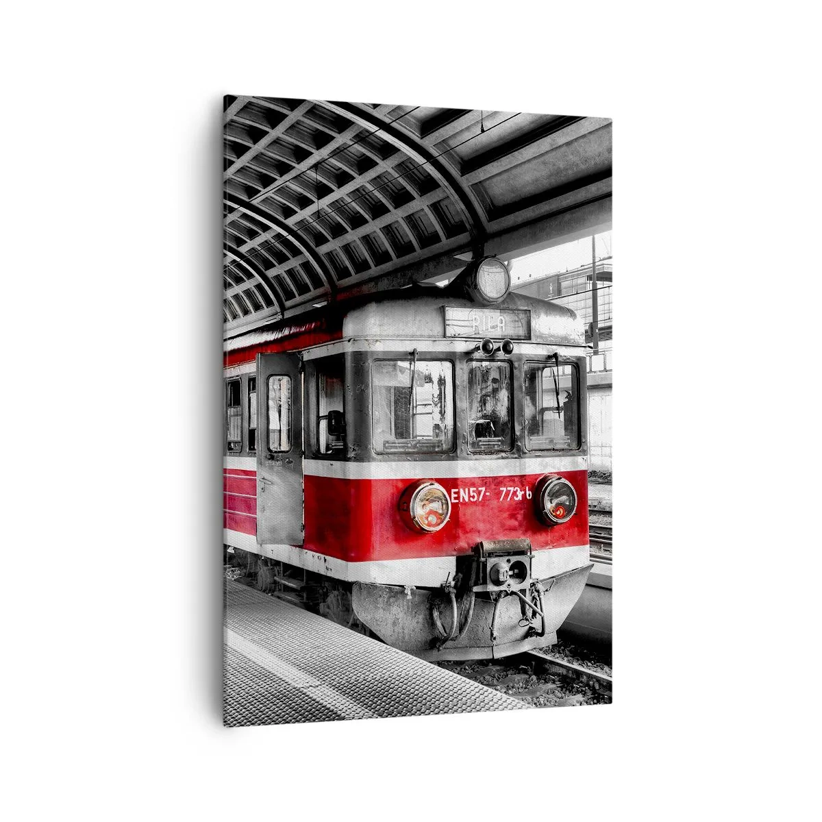 Cuadro sobre lienzo - Impresión de Imagen - Tren rojo en la estación bajo techo. - 70x100cm - ¿El viaje de su vida? - Decoración de pared moderna para salón y dormitorio ARTTOR