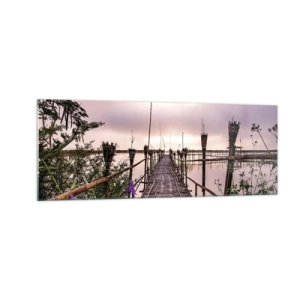 Cuadro sobre vidrio - Impresiones sobre Vidrio - Puente de bambú sobre el agua al amanecer - 140x50cm - La tranquilidad de Asia - Decoración de pared moderna para salón y dormitorio ARTTOR