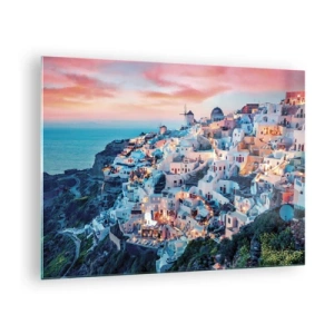 Cuadro sobre vidrio - Impresiones sobre Vidrio - Ciudad griega en un acantilado al anochecer con vistas al mar - 70x50cm - Vacaciones en Grecia - Decoración de pared moderna para salón y dormitorio ARTTOR