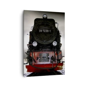 Cuadro sobre lienzo - Impresión de Imagen - Una locomotora de vapor rodeada de vapor contra un cielo oscuro en un entorno atmosférico. - 70x100cm - De pie, jadeando y soplando - Decoración de pared moderna para salón y dormitorio ARTTOR