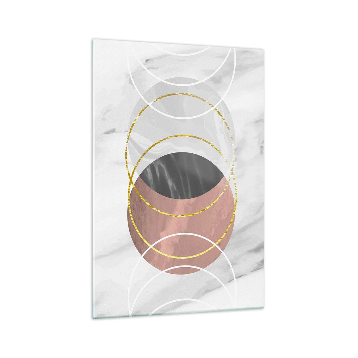 Cuadro sobre vidrio - Impresiones sobre Vidrio - Composición geométrica abstracta con círculos y detalles metálicos. - 70x100cm - Música de las esferas - Decoración de pared moderna para salón y dormitorio ARTTOR