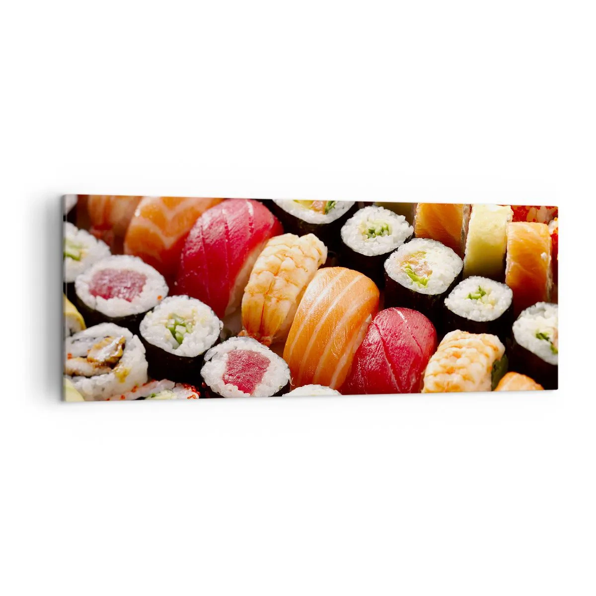 Cuadro sobre lienzo - Impresión de Imagen - Sushi colorido dispuesto en filas con diversos ingredientes. - 140x50cm - Colores y sabores de Asia - Decoración de pared moderna para salón y dormitorio ARTTOR