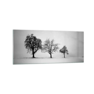 Cuadro sobre vidrio - Impresiones sobre Vidrio - Tres árboles en un campo nevado en estilo monocromático. - 120x50cm - ¿Con qué sueñan? - Decoración de pared moderna para salón y dormitorio ARTTOR