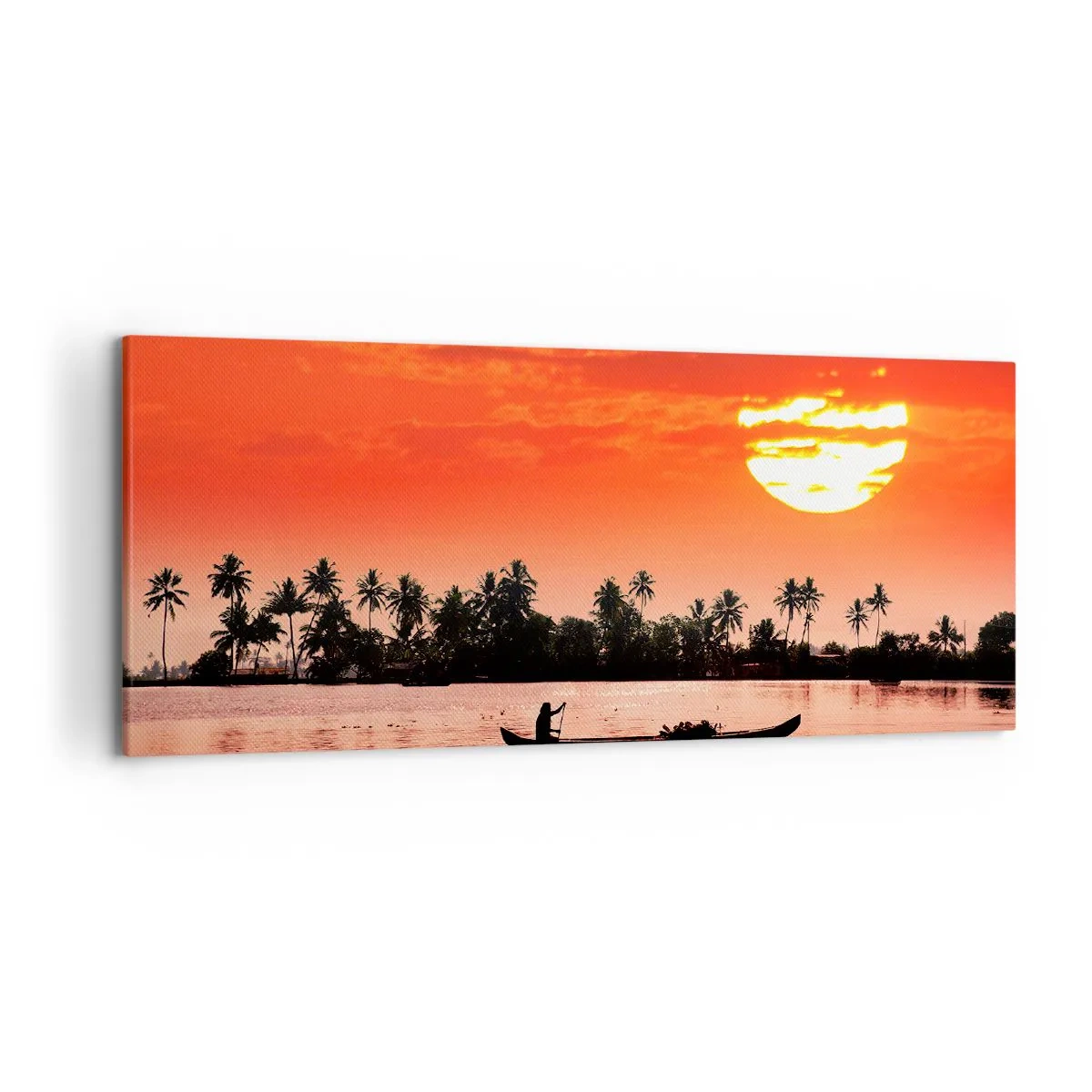 Cuadro sobre lienzo - Impresión de Imagen - Atardecer tropical con un barco y palmeras al fondo - 120x50cm - La paz de los trópicos al atardecer - Decoración de pared moderna para salón y dormitorio ARTTOR
