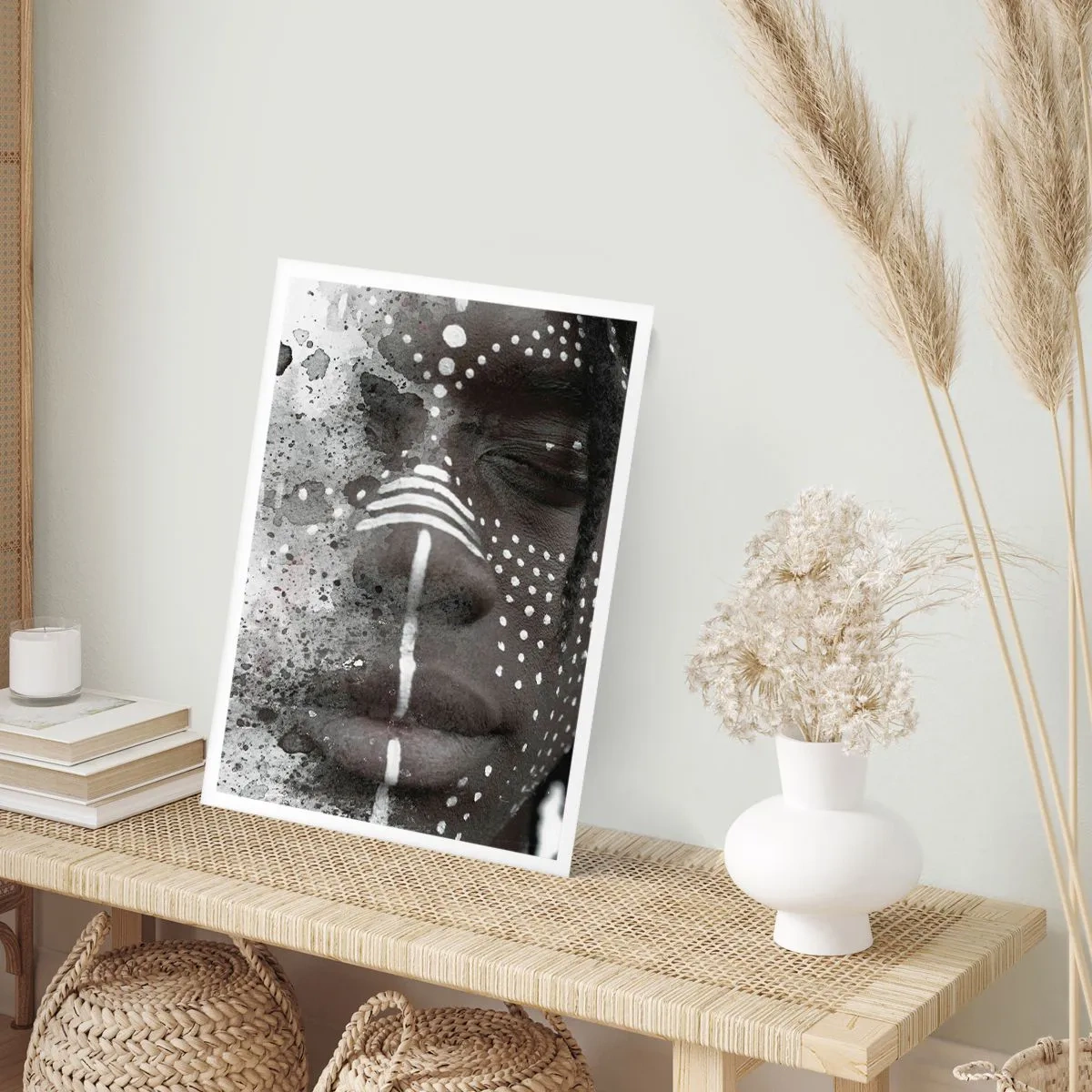 Póster - Retrato abstracto con patrones en blanco y negro en la cara. - 50x70cm - Descubrimiento del espíritu original - Decoración de pared moderna para salón y dormitorio ARTTOR