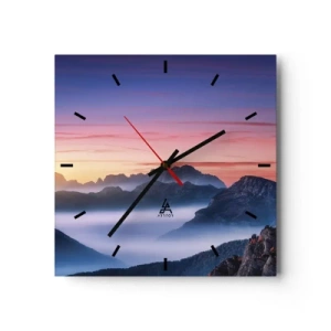 Reloj de pared - Reloj de vidrio - Paisaje de montaña al amanecer con niebla en los valles. - 30x30cm - Sobre los valles - Decoración de pared moderna para salón y dormitorio ARTTOR