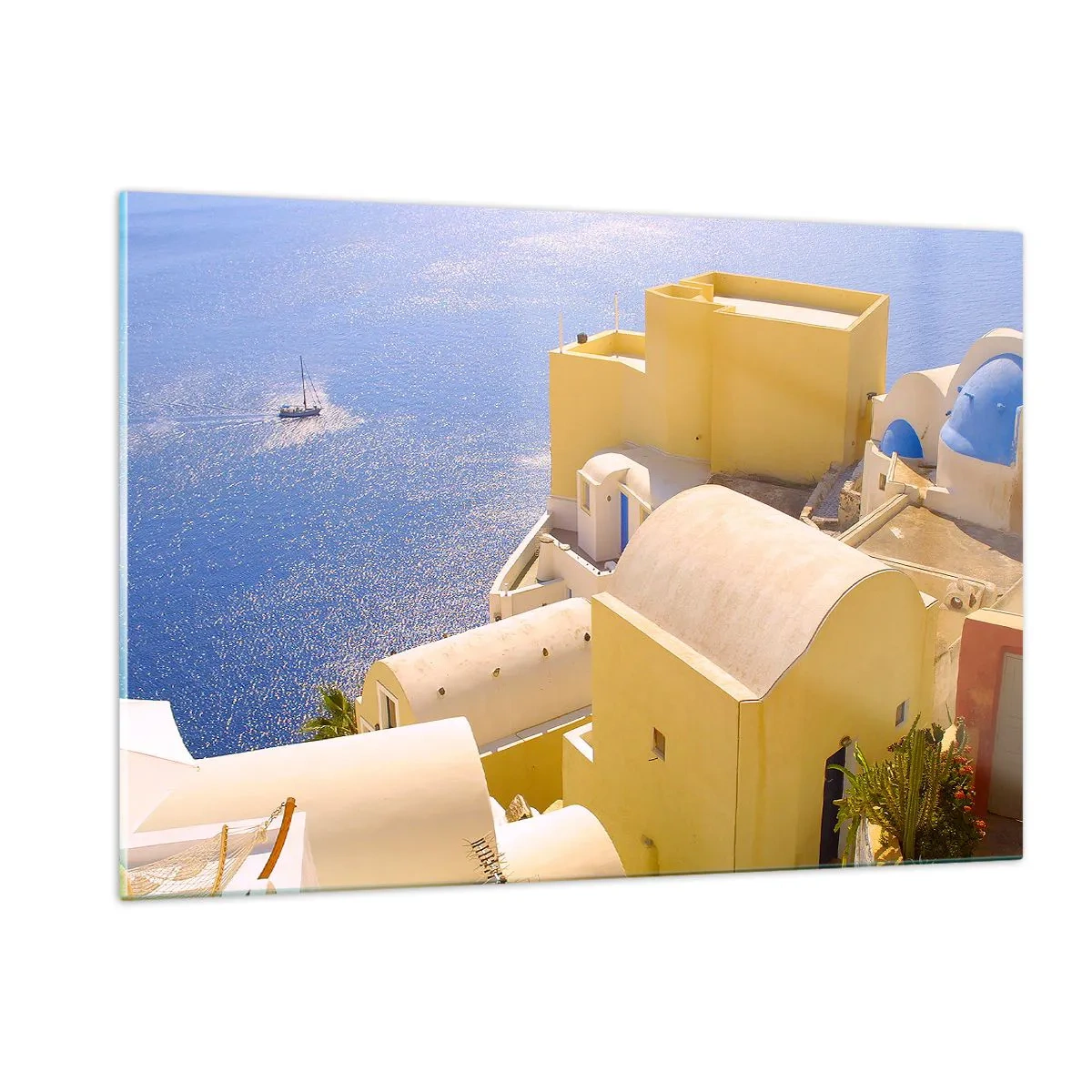 Cuadro sobre vidrio - Impresiones sobre Vidrio - Vista de Santorini con mar azul y edificios blancos. - 120x80cm - Paisaje griego en blanco y azul - Decoración de pared moderna para salón y dormitorio ARTTOR