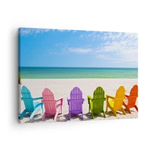 Cuadro sobre lienzo - Impresión de Imagen - Tumbonas de colores en la playa con vistas al mar - 70x50cm - Playa arco iris - Decoración de pared moderna para salón y dormitorio ARTTOR