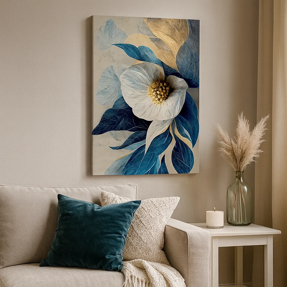 Cuadro sobre lienzo - Impresión de Imagen - Una flor con hojas azules sobre un fondo elegante. - 50x70cm - Con un corazón de oro - Decoración de pared moderna para salón y dormitorio ARTTOR