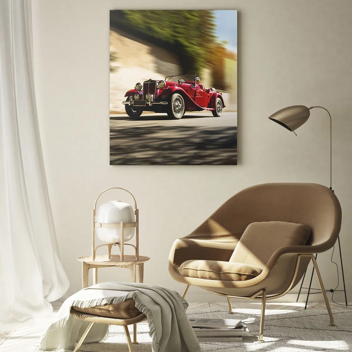 Cuadro sobre vidrio - Impresiones sobre Vidrio - Clásico descapotable rojo en movimiento contra el fondo de la calle y el paisaje borroso. - 50x70cm - Hermosa pieza de museo - Decoración de pared moderna para salón y dormitorio ARTTOR