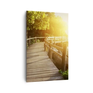 Cuadro sobre lienzo - Impresión de Imagen - Un puente de madera entre la vegetación que conduce al mar bajo los rayos del sol. - 80x120cm - Otra curva, otra maravilla - Decoración de pared moderna para salón y dormitorio ARTTOR