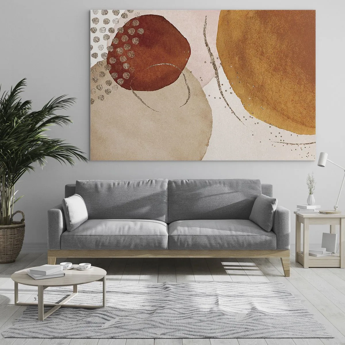 Cuadro sobre vidrio - Impresiones sobre Vidrio - Círculos abstractos en tonos beige, cobre y dorado. - 100x70cm - Movimiento abstracto - Decoración de pared moderna para salón y dormitorio ARTTOR