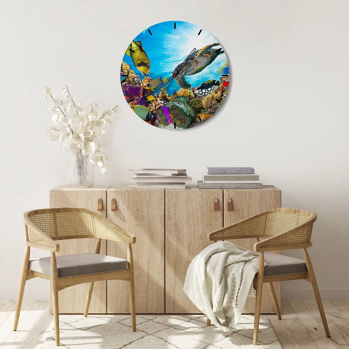 Reloj de pared - Reloj de vidrio - Mundo submarino con arrecifes de coral, peces y tortugas marinas. - 30x30cm - Paseo del coral - Decoración de pared moderna para salón, cocina y dormitorio ARTTOR