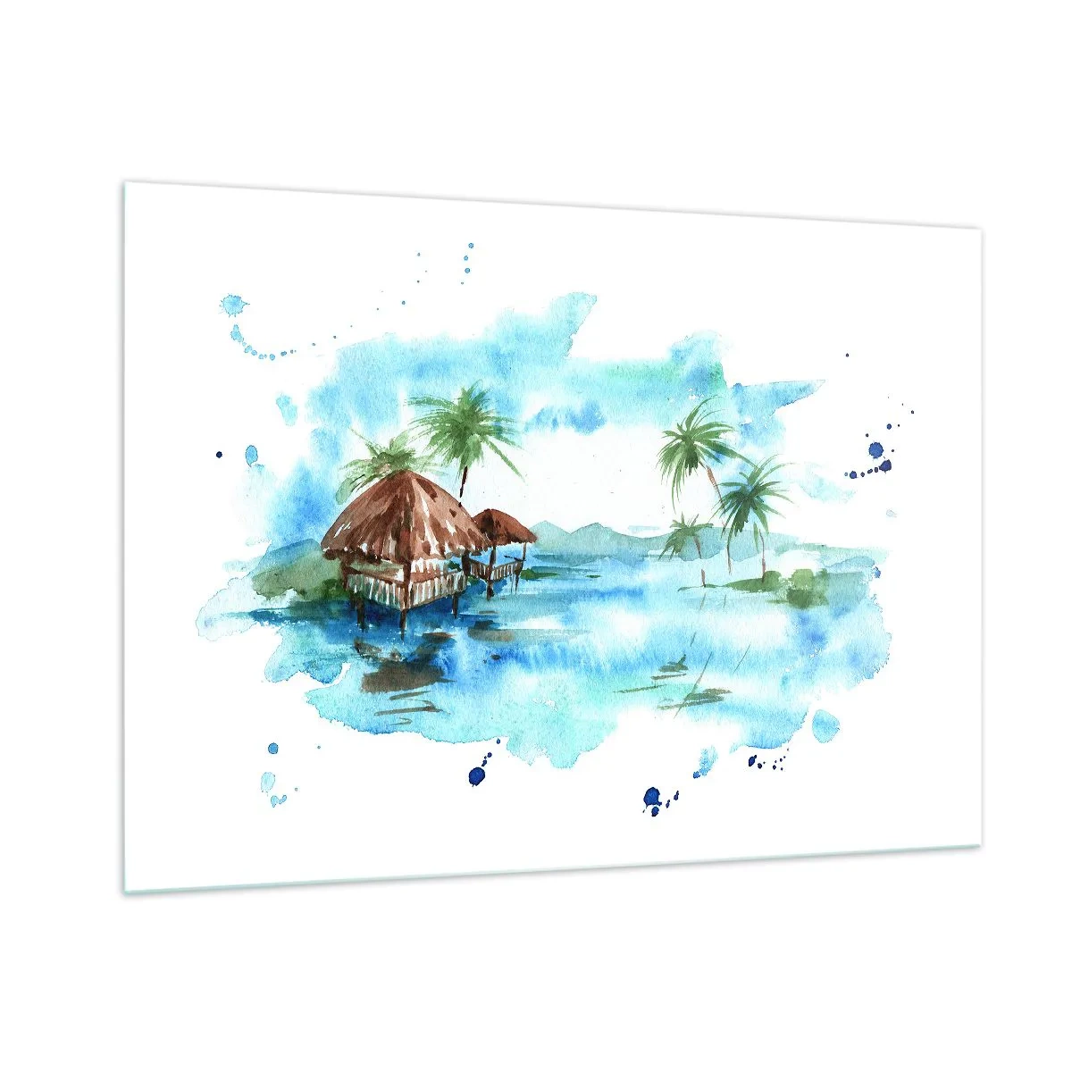 Cuadro sobre vidrio - Impresiones sobre Vidrio - Paisaje tropical con palmeras y una cabaña en estilo acuarela. - 100x70cm - En algún lugar del Pacífico - Decoración de pared moderna para salón y dormitorio ARTTOR