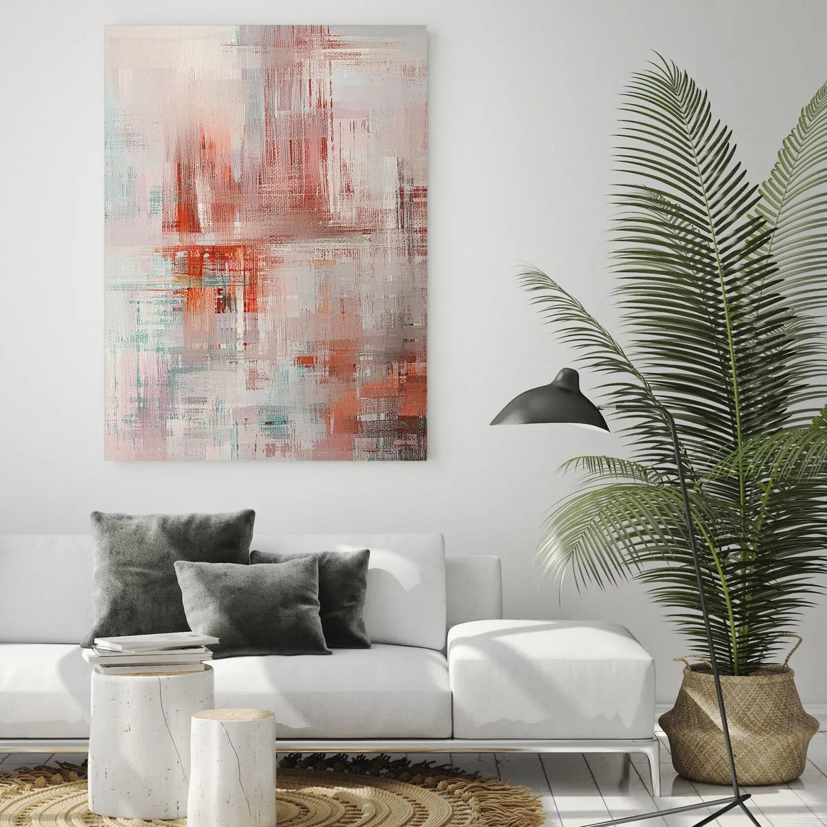Cuadro sobre vidrio - Impresiones sobre Vidrio - Una composición abstracta en tonos rojos y beige. - 50x70cm - Niebla rosa - Decoración de pared moderna para salón y dormitorio ARTTOR