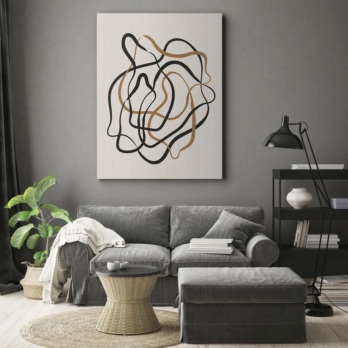 Cuadro sobre lienzo - Impresión de Imagen - Líneas enredadas en negro y dorado sobre un fondo claro. - 50x70cm - Todo ha salido mal - Decoración de pared moderna para salón y dormitorio ARTTOR