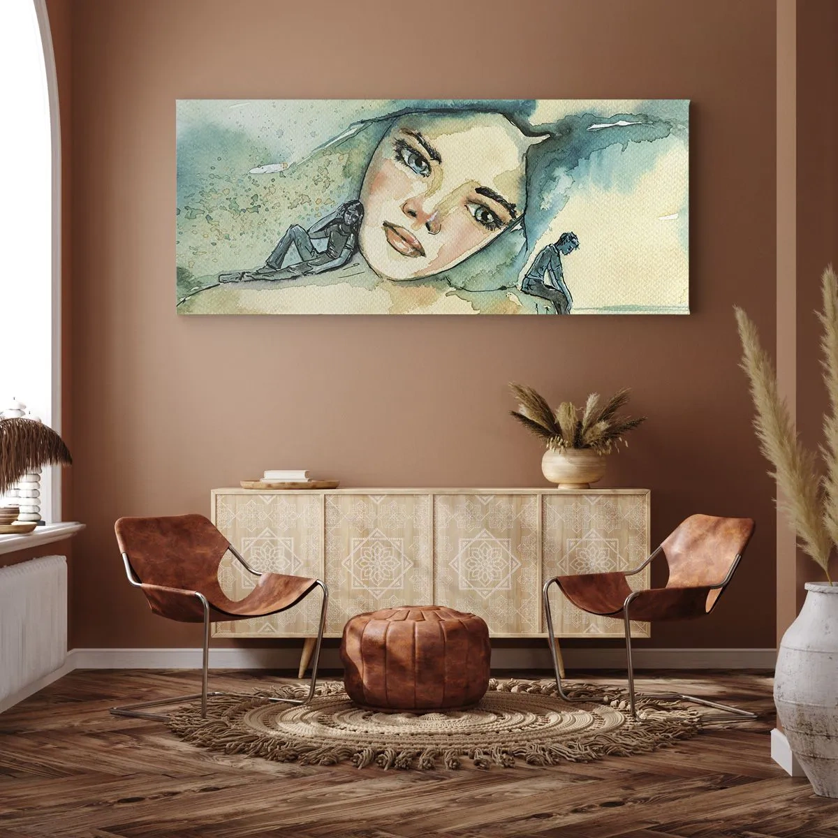 Cuadro sobre lienzo - Impresión de Imagen - Acuarela de rostro de mujer con motivo reflectante. - 120x50cm - ¿Soy azul? - Decoración de pared moderna para salón y dormitorio ARTTOR