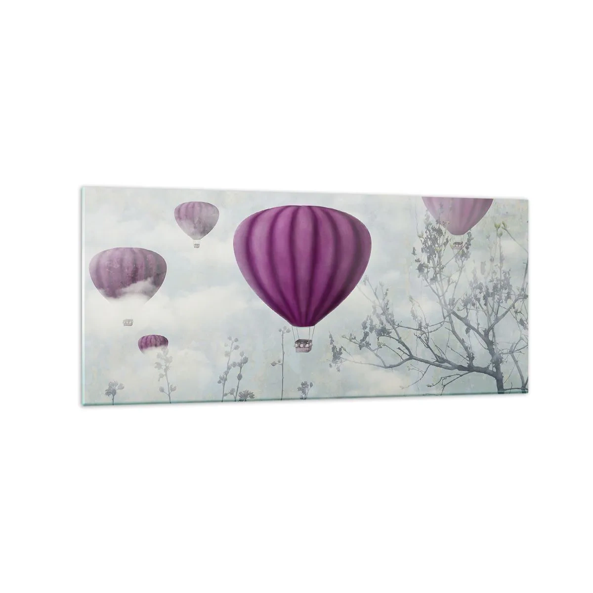 Cuadro sobre vidrio - Impresiones sobre Vidrio - Globos morados flotando sobre los árboles en las nubes. - 120x50cm - Surcando los cielos - Decoración de pared moderna para salón y dormitorio ARTTOR
