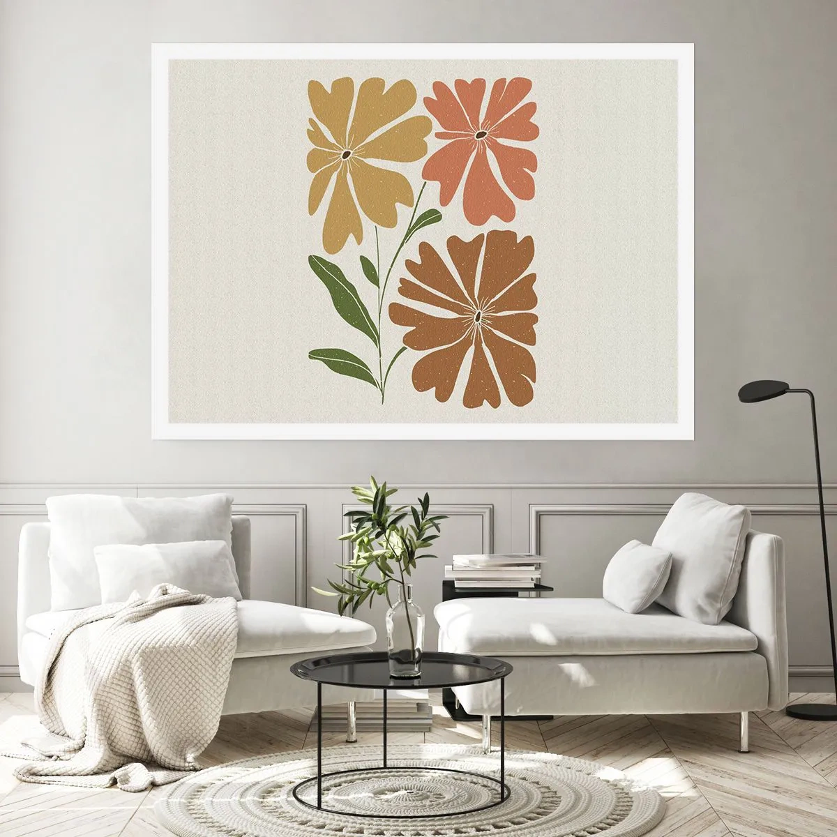 Póster - Tres flores en colores cálidos sobre un fondo claro. - 100x70cm - Naturaleza y geometría - Decoración de pared moderna para salón y dormitorio ARTTOR