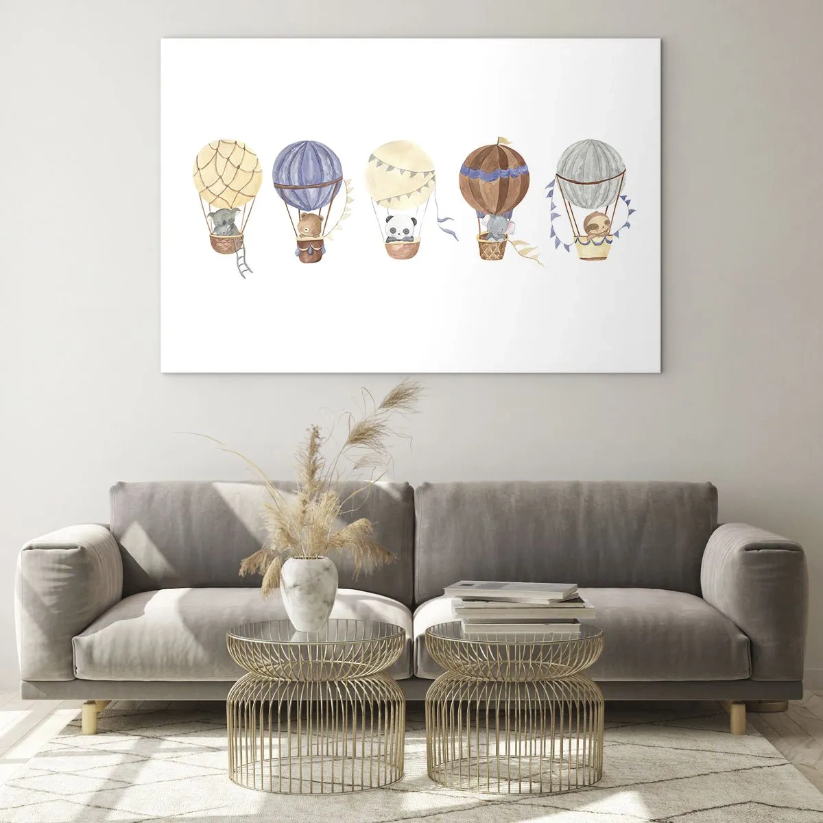 Cuadro sobre vidrio - Impresiones sobre Vidrio - Animales volando en globos en estilo acuarela. - 120x80cm - Amigos de viaje - Decoración de pared moderna para salón y dormitorio ARTTOR