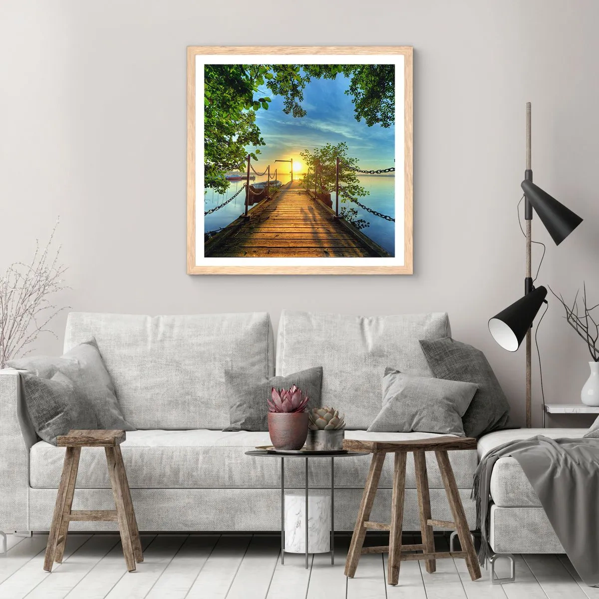 Póster en marco roble claro - Atardecer junto al agua - 30x30 cm