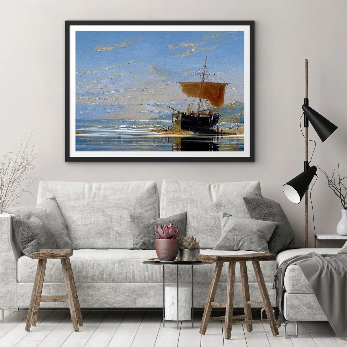 Póster en marco negro - Un barco en la orilla del mar en un día soleado. - 70x50cm - Agua, tierra, aire - Decoración de pared moderna para salón y dormitorio ARTTOR