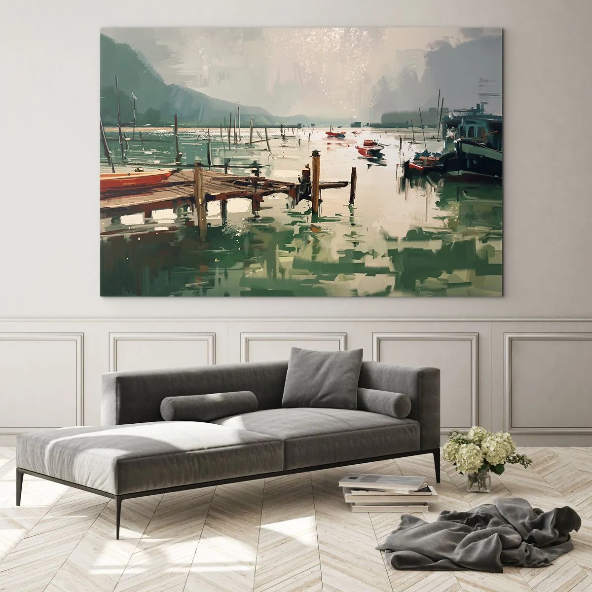 Cuadro sobre vidrio - Impresiones sobre Vidrio - Un embarcadero de madera y barcos en aguas tranquilas rodeados de montañas. - 120x80cm - Empapado en la luna fundida - Decoración de pared moderna para salón y dormitorio ARTTOR