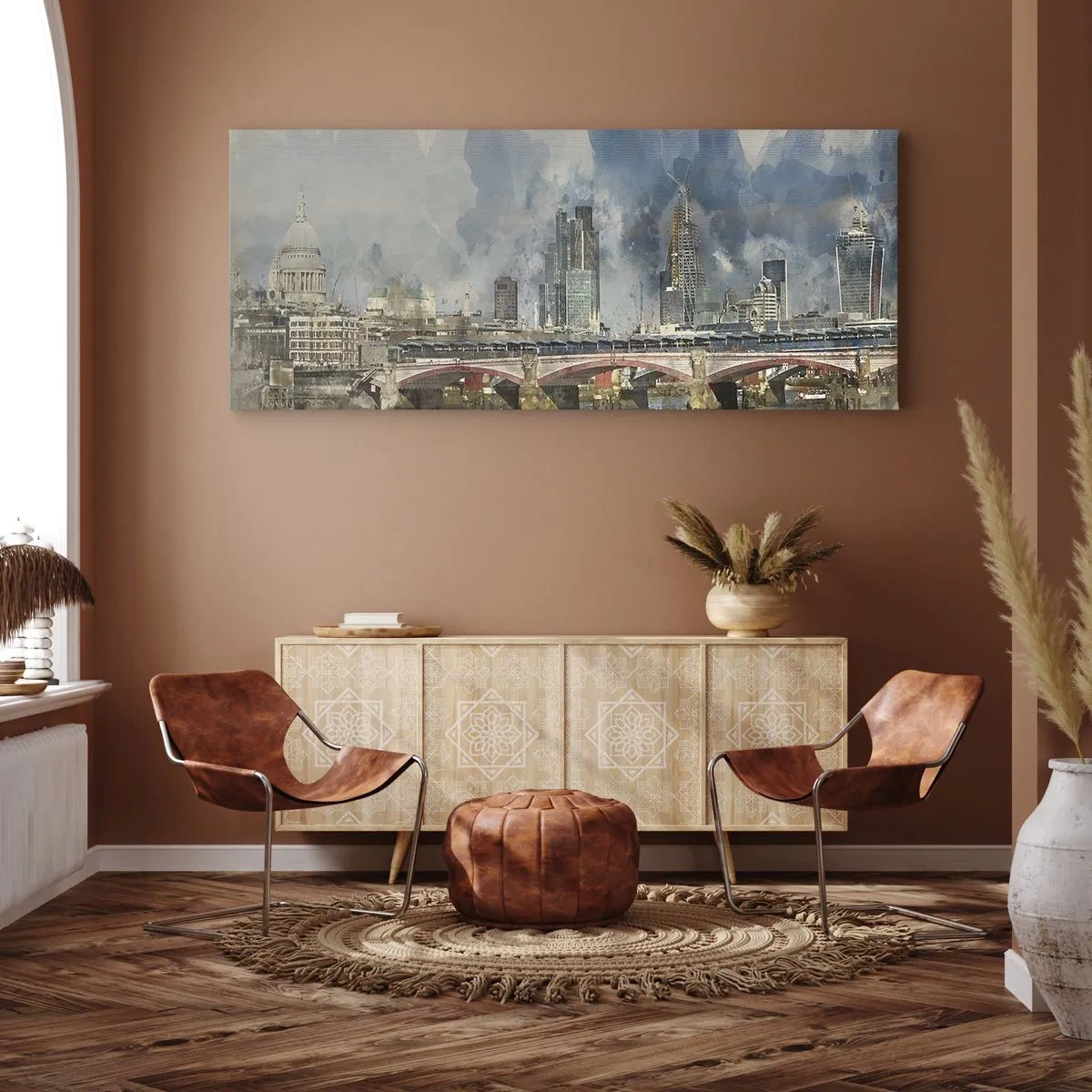 Cuadro sobre lienzo - Impresión de Imagen - Vista en acuarela del puente y el horizonte de la ciudad. - 160x50cm - Londres en todo su esplendor - Decoración de pared moderna para salón y dormitorio ARTTOR