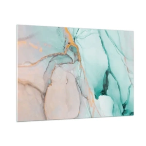 Cuadro sobre vidrio - Impresiones sobre Vidrio - Una composición abstracta en tonos turquesa y dorado. - 100x70cm - Danza de formas y colores - Decoración de pared moderna para salón y dormitorio ARTTOR