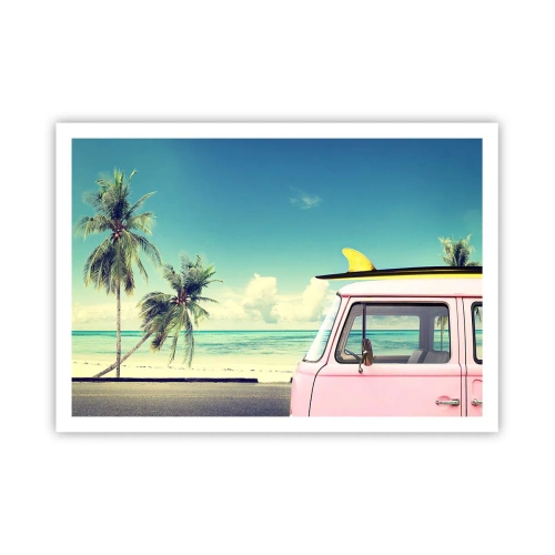 Póster - Una camioneta rosa con una tabla de surf frente a una playa tropical. - 100x70cm - Comienzan las vacaciones - Decoración de pared moderna para salón y dormitorio ARTTOR