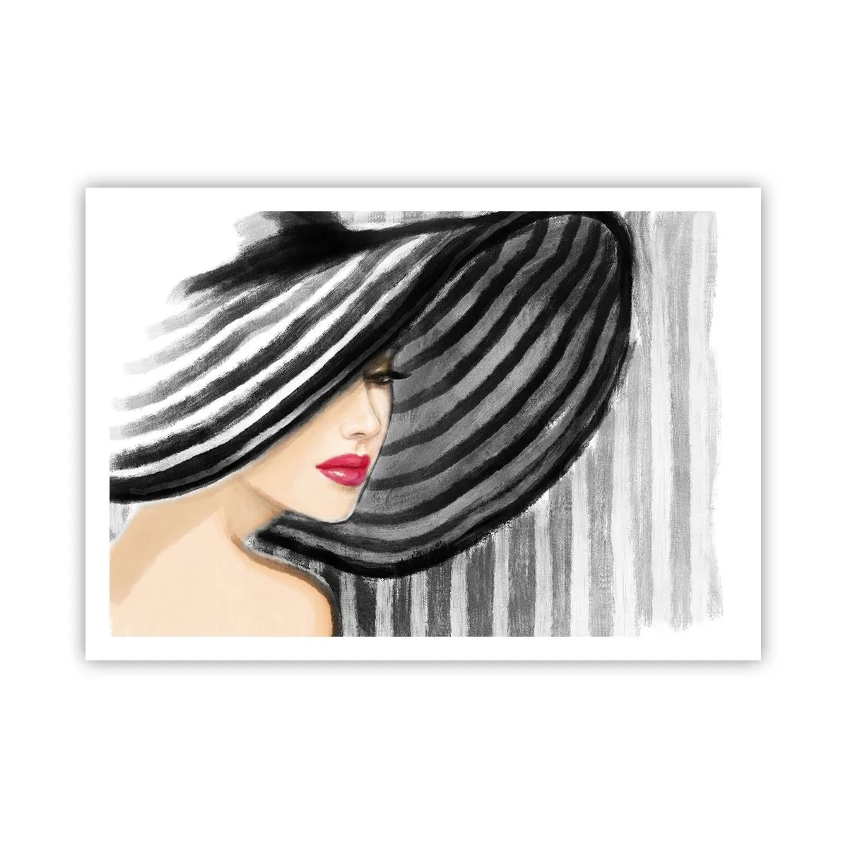 Póster - Mujer con un sombrero blanco y negro con acento rojo. - 100x70cm - ¿Dónde puedo encontrarte? - Decoración de pared moderna para salón y dormitorio ARTTOR