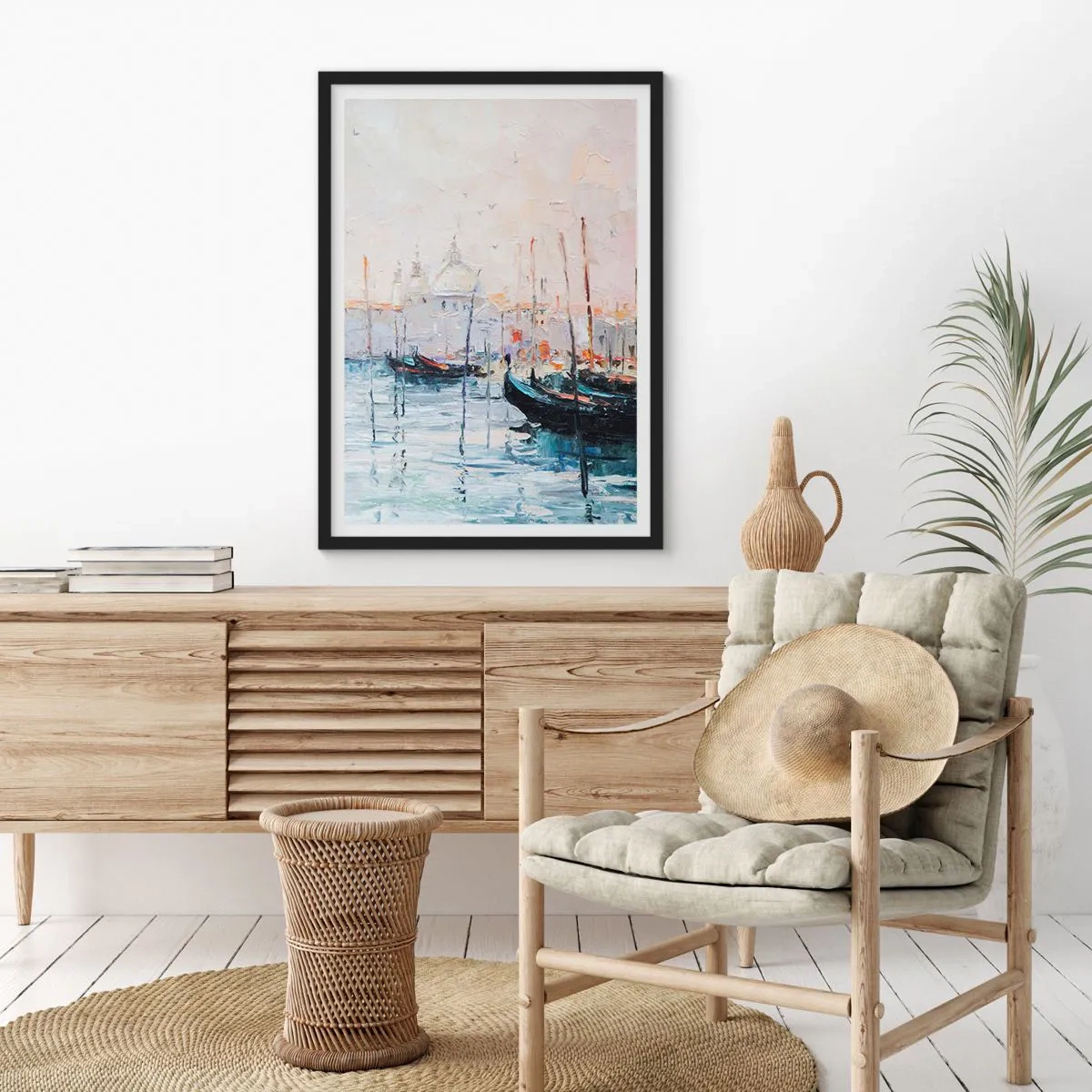 Póster en marco negro - Venecia con góndolas en estilo pictórico impresionista - 50x70cm - Más allá del agua, más allá de la niebla - Decoración de pared moderna para salón y dormitorio ARTTOR