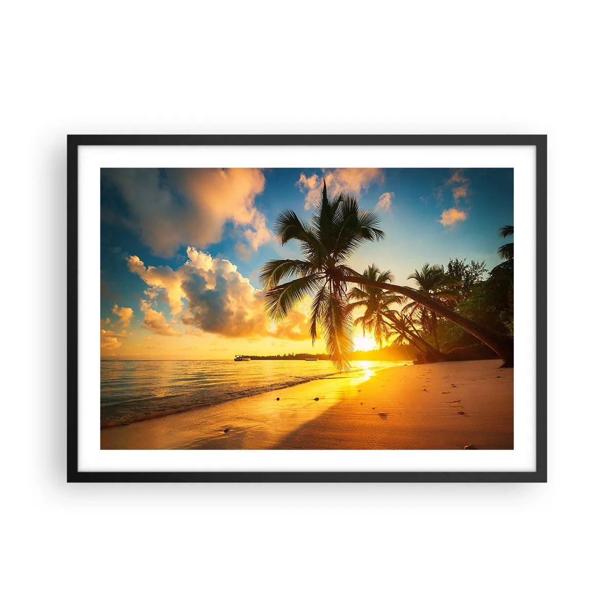 Póster en marco negro - Playa al atardecer con palmeras en la orilla del mar - 70x50cm - Un sueño caribeño - Decoración de pared moderna para salón y dormitorio ARTTOR