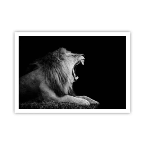 Póster - Un león rugiente sobre un fondo negro en tonos blanco y negro. - 100x70cm - Sin duda alguna - Decoración de pared moderna para salón y dormitorio ARTTOR