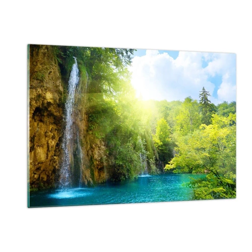 Cuadro sobre vidrio - Impresiones sobre Vidrio - Una cascada que desemboca en un lago azul rodeado de vegetación. - 120x80cm - Debe ser el Edén - Decoración de pared moderna para salón y dormitorio ARTTOR