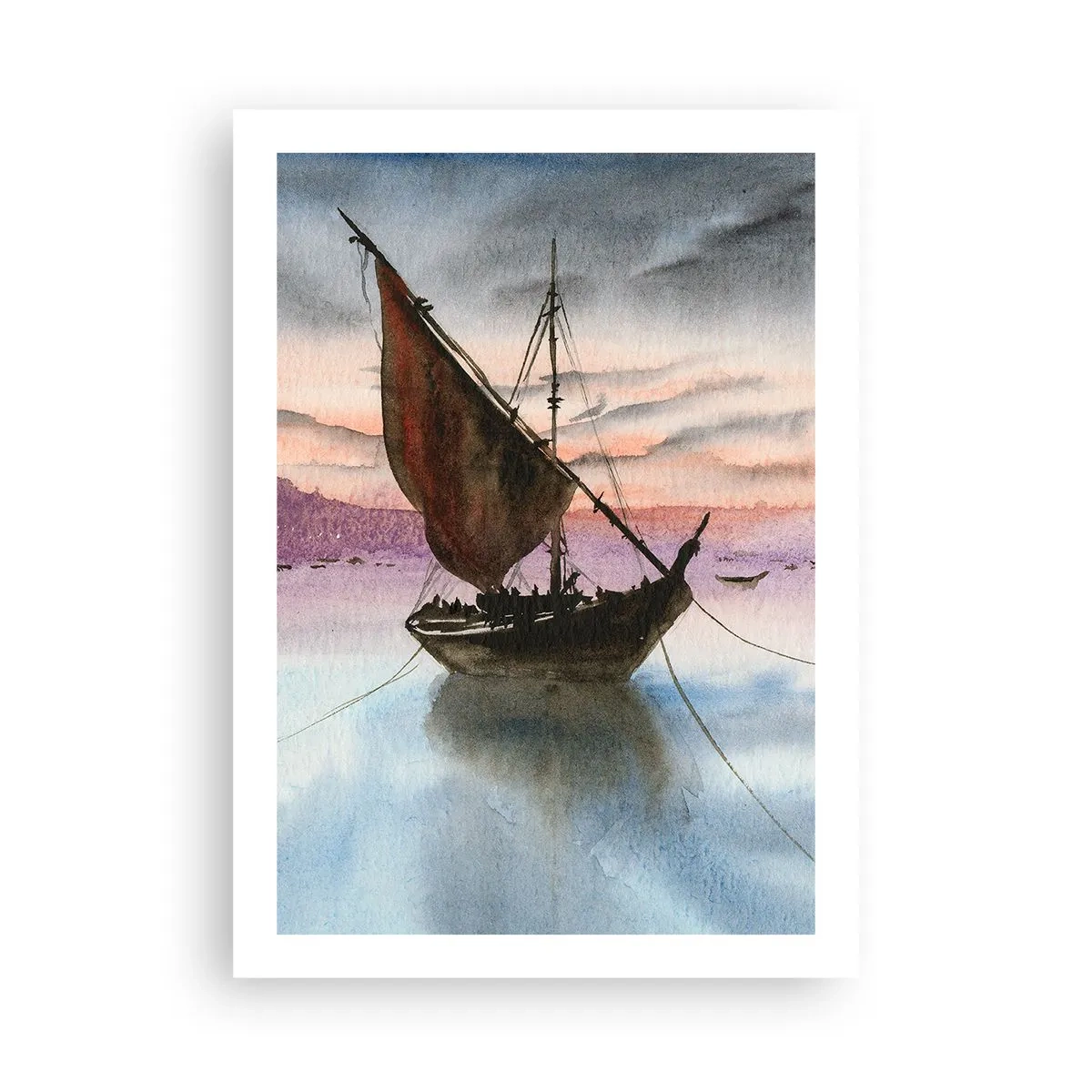 Póster - Un velero en aguas tranquilas a la luz del atardecer. - 50x70cm - Atardecer en el puerto - Decoración de pared moderna para salón y dormitorio ARTTOR