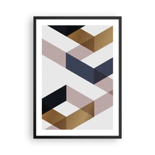 Póster en marco negro - Formas geométricas en tonos dorados, negros y beige. - 50x70cm - Rectas y ángulos - Decoración de pared moderna para salón y dormitorio ARTTOR