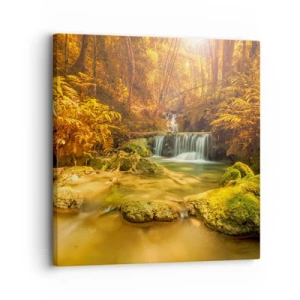 Cuadro sobre lienzo - Impresión de Imagen - Cascada forestal en oro - 30x30 cm