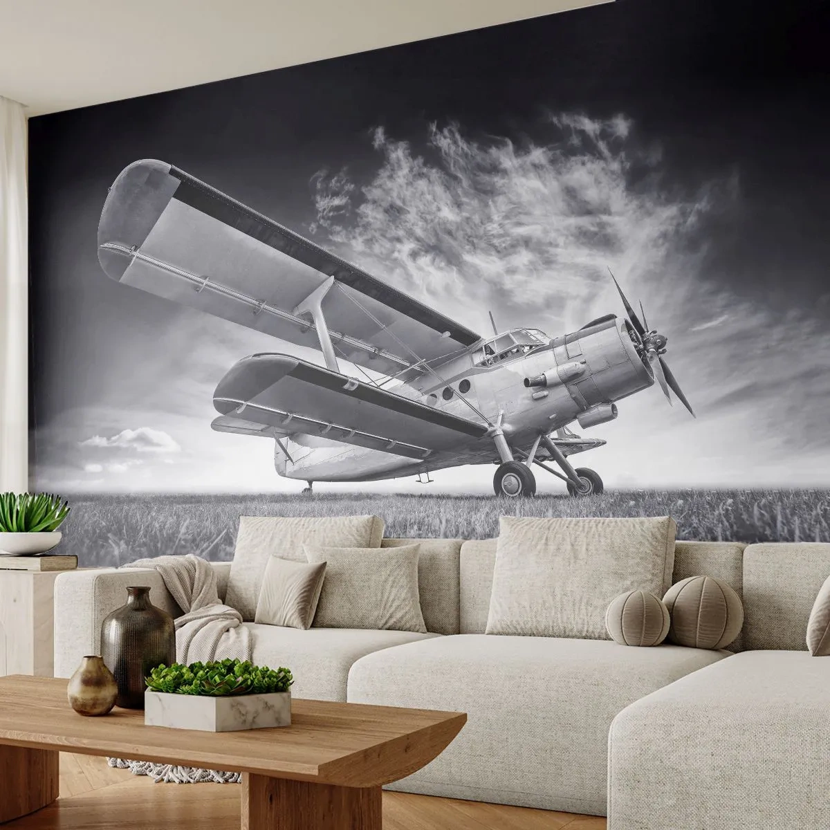 Fotomural Premium Sand - Un biplano histórico contra un cielo dramático. - 100x70cm - El vagamundo alado - Decoración de pared moderna para salón y dormitorio ARTTOR