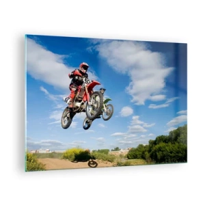 Cuadro sobre vidrio - Impresiones sobre Vidrio - Un motociclista en vuelo contra un cielo azul. - 70x50cm - Salto del cielo - Decoración de pared moderna para salón y dormitorio ARTTOR