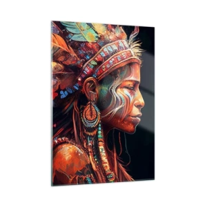 Cuadro sobre vidrio - Impresiones sobre Vidrio - Una figura con un tocado de plumas bebiendo una poción en una atmósfera mística. - 50x70cm - Un ritual mágico - Decoración de pared moderna para salón y dormitorio ARTTOR