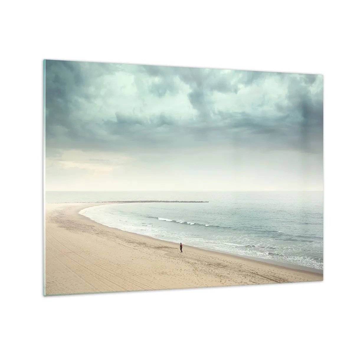 Cuadro sobre vidrio - Impresiones sobre Vidrio - Una figura paseando por una playa vacía junto a un mar en calma. - 70x50cm - En busca de la paz - Decoración de pared moderna para salón y dormitorio ARTTOR
