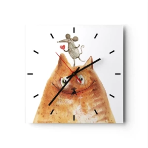 Reloj de pared - Reloj de vidrio - Un dibujo de un gato con un ratón en la cabeza sosteniendo un corazón. - 30x30cm - Paradojas del amor - Decoración de pared moderna para salón y dormitorio ARTTOR