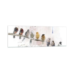 Cuadro sobre vidrio - Impresiones sobre Vidrio - Pájaros coloridos en una rama en estilo acuarela. - 160x50cm - Reunión alada - Decoración de pared moderna para salón y dormitorio ARTTOR