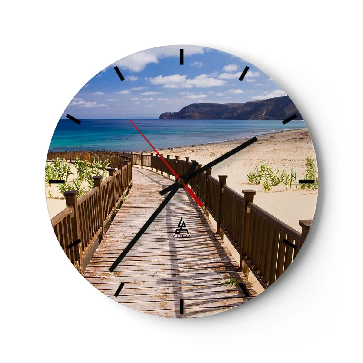 Reloj de pared - Reloj de vidrio - Una pasarela de madera que conduce a la playa junto al mar azul. - 30x30cm - Llévame a la isla de la felicidad - Decoración de pared moderna para salón, cocina y dormitorio ARTTOR