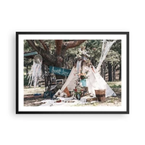 Póster en marco negro - Decoración boho con un tipi en el bosque - 70x50cm - Amor exótico - Decoración de pared moderna para salón y dormitorio ARTTOR