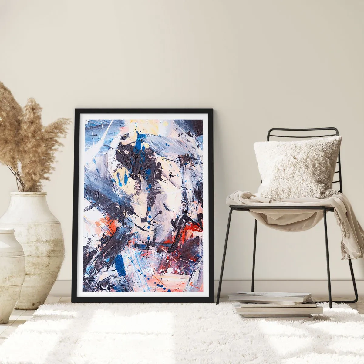 Póster en marco negro - Composición abstracta en tonos azules y naranjas. - 50x70cm - Danza loca de la abstracción - Decoración de pared moderna para salón y dormitorio ARTTOR